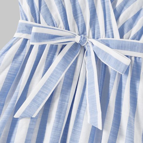 Family Matching Cotton Short-sleeve Spliced Tee and Striped Surplice Neck Short-sleeve Belted Dresses Sets BLUE WHITE big image 14
