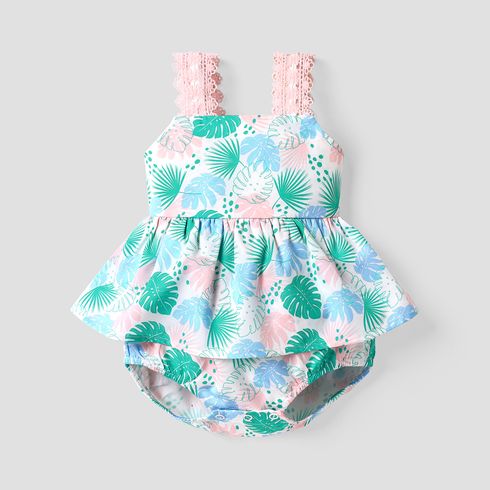Baby Girl Allover Palm Leaf Print Lace Strap Romper