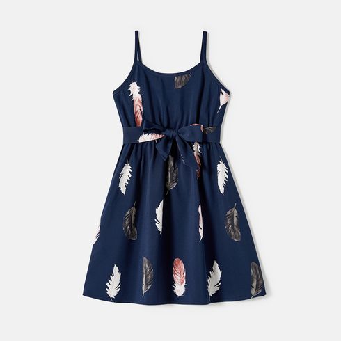 Family Matching Allover Feather Print Belted Cami Dresses and Short-sleeve Spliced Tee Sets Tibetanbluewhite big image 11