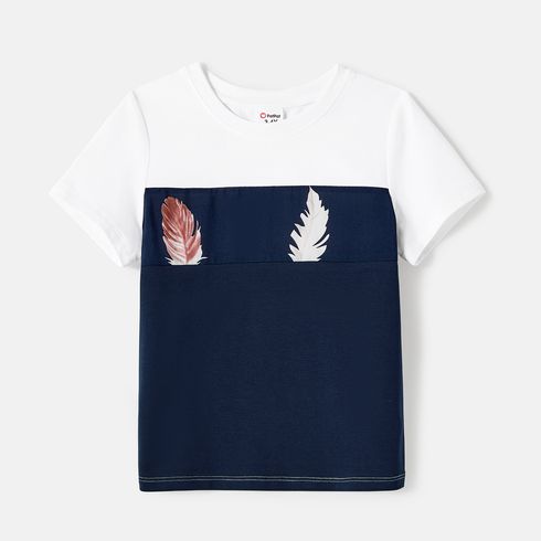 Family Matching Allover Feather Print Belted Cami Dresses and Short-sleeve Spliced Tee Sets Tibetanbluewhite big image 6