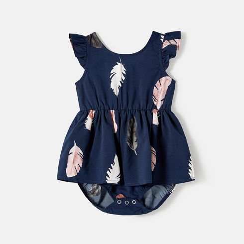 Family Matching Allover Feather Print Belted Cami Dresses and Short-sleeve Spliced Tee Sets Tibetanbluewhite big image 2