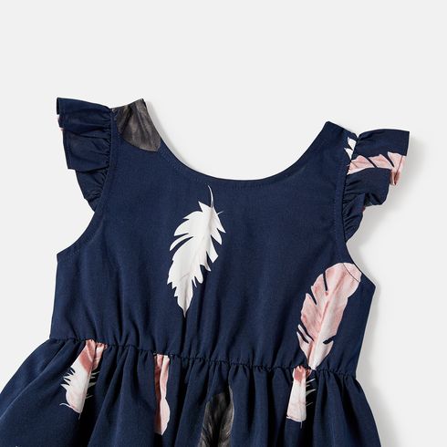 Family Matching Allover Feather Print Belted Cami Dresses and Short-sleeve Spliced Tee Sets Tibetanbluewhite big image 3