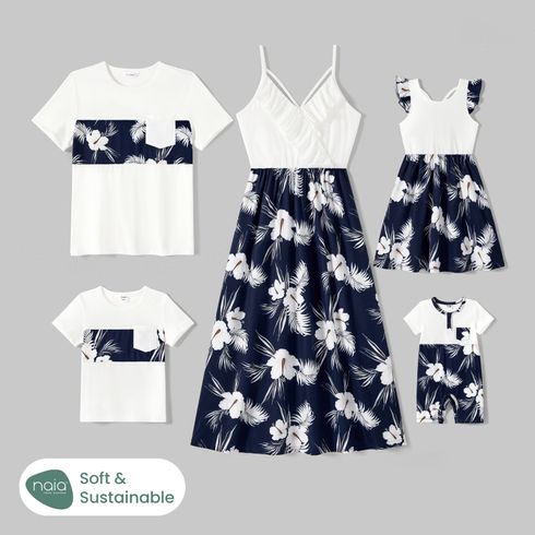 Family Matching Cotton Short-sleeve T-shirts and Floral Print Naia™ Spliced Ruffle Trim Cami Dresses Sets