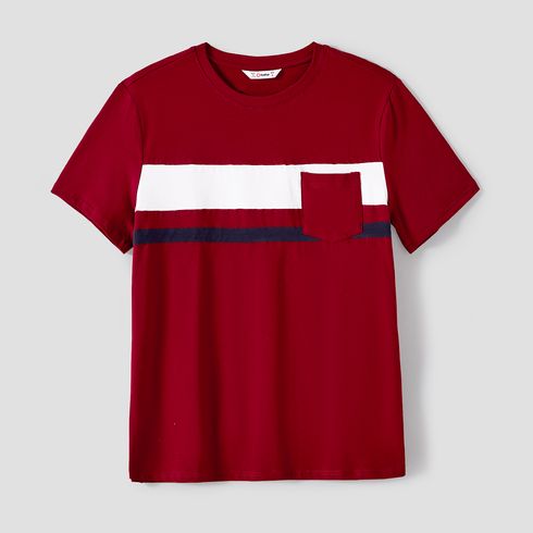 Family Matching Cotton Short-sleeve Colorblock T-shirts and Floral Print V Neck Belted Spliced Naia™ Dresses Sets WineRed big image 17