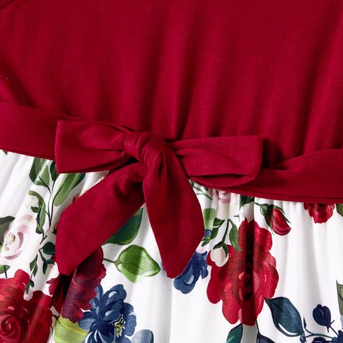 Family Matching Cotton Short-sleeve Colorblock T-shirts and Floral Print V Neck Belted Spliced Naia™ Dresses Sets WineRed big image 5