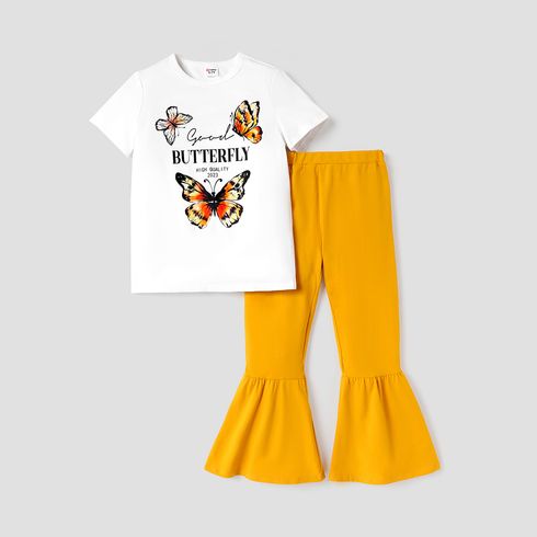 2pcs Kid Girl Cotton Butterfly Print Short-sleeve Tee and Flared Pants Set