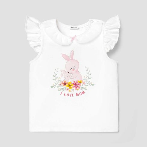 Easter Baby Girl Cotton Flutter-sleeve Mesh Peter Pan Collar Rabbit & Letter Print Tee