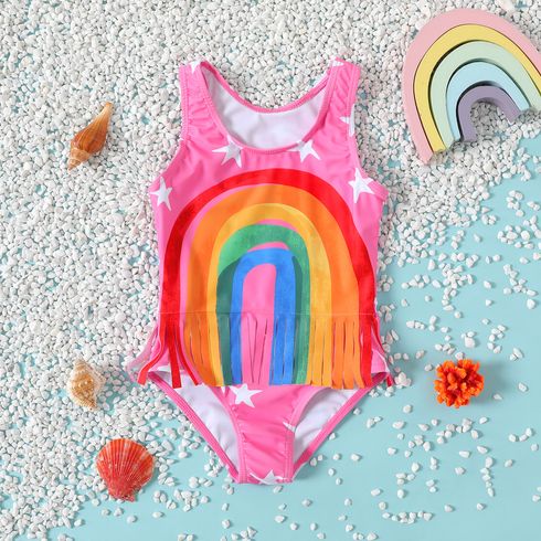 Toddler Girl Rainbow Print Tassel Sleeveless Onepiece Swimsuit