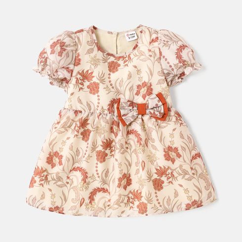 Baby Girl Floral Print Bow Front Puff-sleeve Dress