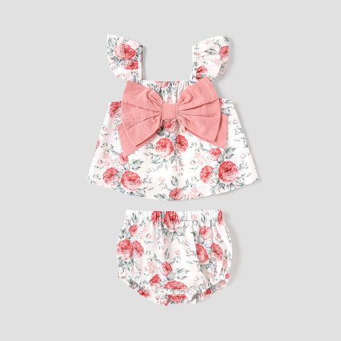 2pcs Baby Girl Allover Floral Print Flutter-sleeve Bow Front Top & Shorts Set