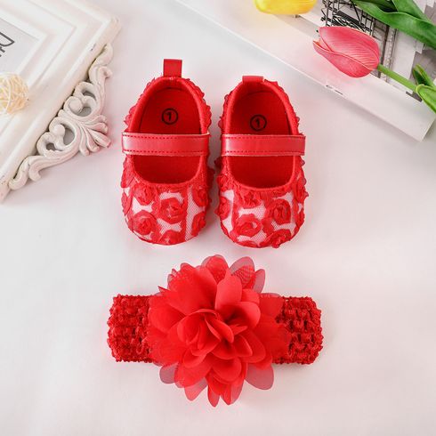 2Pcs Baby Floral Lace Decor Soft Sole Prewalker Shoes & Headband Set