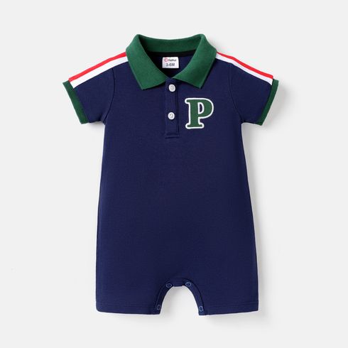 Baby Boy Letter Embroidered Contrast Polo Collar Short-sleeve Romper