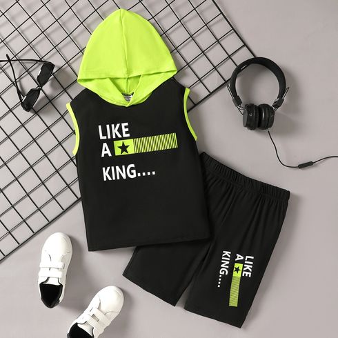2Pcs Kid Boy Letter Graphic Two Tone Hooded Tank Top and Shorts Set