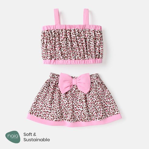 2pcs Baby Girl Leopard Print Naia™ Crop Cami Top and Bow Front Skirt Set