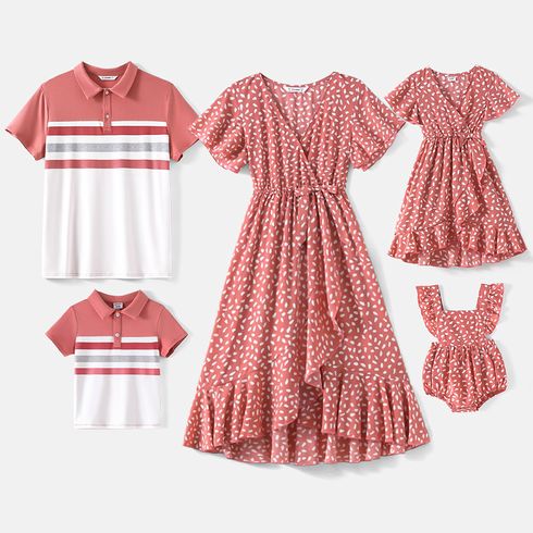Family Matching Short-sleeve Colorblock Naia™ Polo Shirts and Allover Print V Neck Ruffle Trim Tulip Hem Dresses Sets
