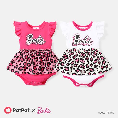 Barbie Baby Girl Cotton Flutter-sleeve Letter Graphic Leopard Print Spliced Romper