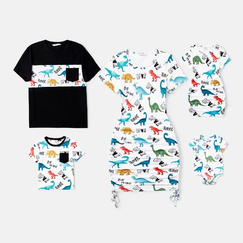 Family Matching Allover Dinosaur Print Drawstring Ruched Bodycon Dresses and Short-sleeve T-shirts Sets BlackandWhite big image 13