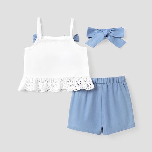 3pcs Toddler Girl 100% Cotton Bow Decor Camisole & Shorts & Headband Set BLUE WHITE big image 2