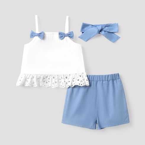 3pcs Toddler Girl 100% Cotton Bow Decor Camisole & Shorts & Headband Set BLUE WHITE big image 1