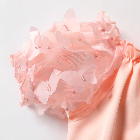 Kid Girl 3D Butterfly Design Off Shoulder Mesh Sleeve Blouse or Ripped Raw Hem Flare Jeans Pink big image 4