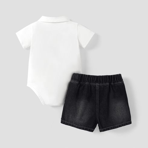2pcs Baby Boy Cotton Letter Print Bow Tie Decor Polo Neck Short-sleeve Romper and Denim Shorts Set BlackandWhite big image 2