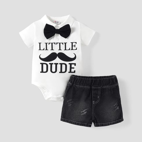 2pcs Baby Boy Cotton Letter Print Bow Tie Decor Polo Neck Short-sleeve Romper and Denim Shorts Set