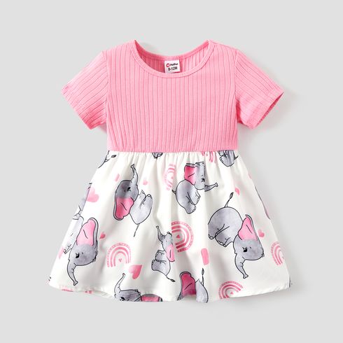 vestido de manga curta estampa de elefante com nervuras para bebê/menina