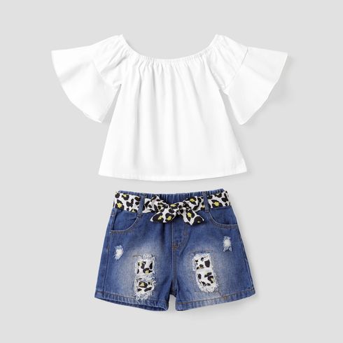 3Pcs Toddler Girl 100% Cotton Flutter-sleeve Top and Leopard Ripped Belted Denim Shorts Set