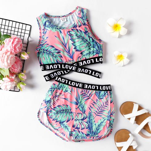 2pcs Kid Girl Naia Floral Print Webbing Design Crisscross Tank Top and Shorts Set