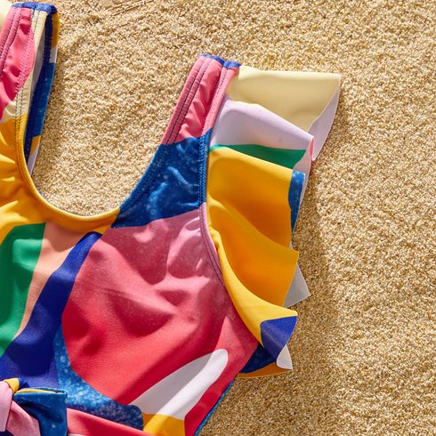 Family Matching Colorful Print Spliced Ruffle Trim Self Tie One-piece Swimsuit and Colorblock Swim Trunks Shorts Colorful big image 12