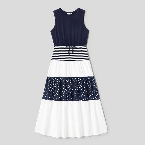 Family Matching Cotton Colorblock Striped Short-sleeve Tee and Spliced Tank Dresses Sets Tibetanbluewhite big image 12