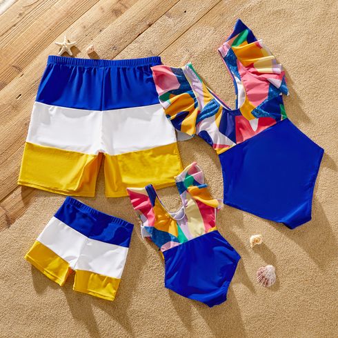 Family Matching Colorful Print Spliced Ruffle Trim Self Tie One-piece Swimsuit and Colorblock Swim Trunks Shorts Colorful big image 2