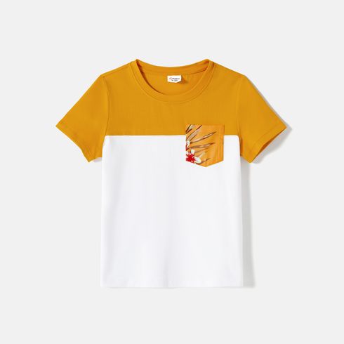 Family Matching Cotton Short-sleeve Colorblock T-shirts and Allover Floral Print Belted Strappy Dresses Sets Yellow big image 10