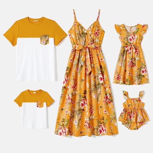 Family Matching Cotton Short-sleeve Colorblock T-shirts and Allover Floral Print Belted Strappy Dresses Sets Yellow big image 1