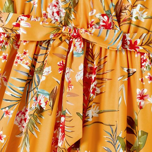 Family Matching Cotton Short-sleeve Colorblock T-shirts and Allover Floral Print Belted Strappy Dresses Sets Yellow big image 16