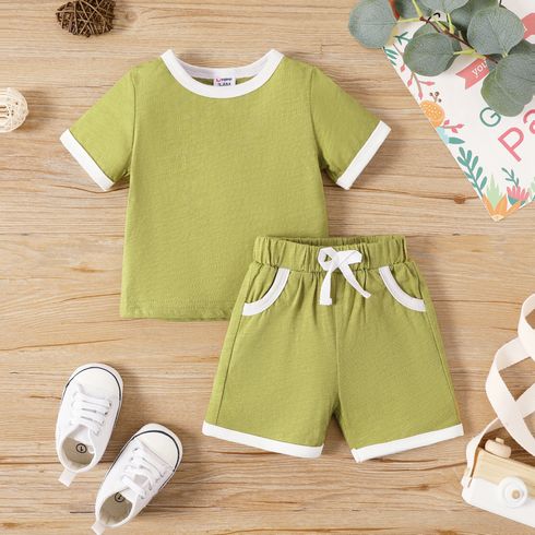 2pcs Baby Boy/Girl Contrast Binding Short-sleeve Tee & Shorts Set Green big image 1