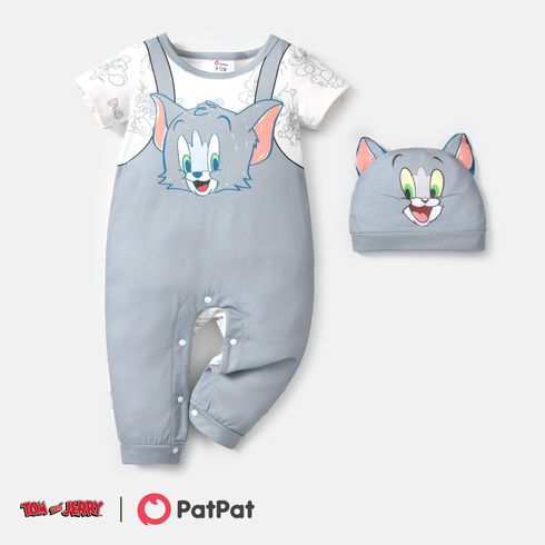 Tom and Jerry 2pcs Baby Boy Short-sleeve Graphic Jumpsuit and 3D Ear Hat Set Grey big image 1