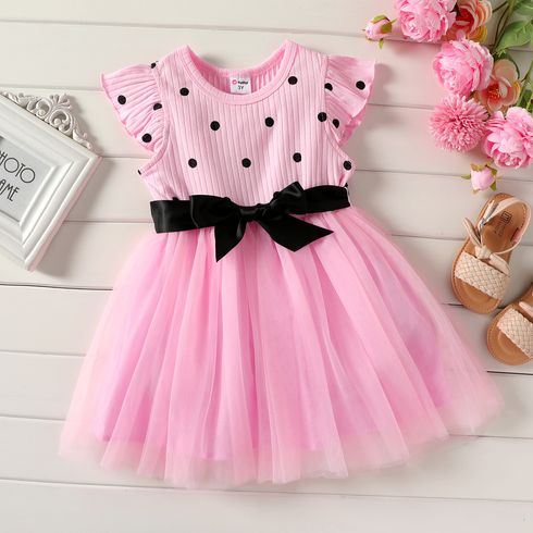 Toddler Girl Polka dots Ribbed Mesh Splice Flutter-sleeve Belted Dress