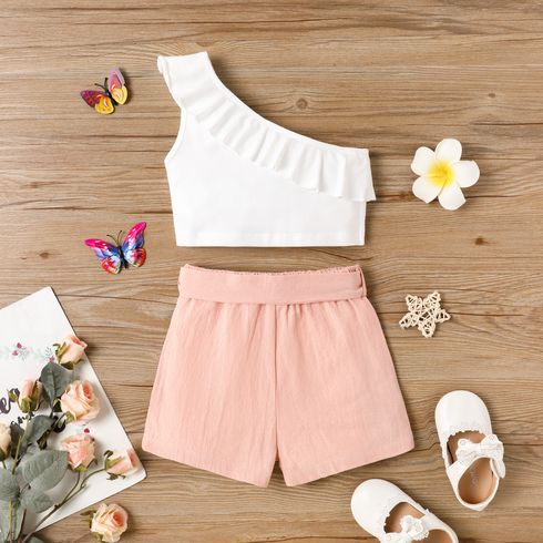 2Pcs Toddler Girl Cotton Cold Shoulder Ruffled Cotton Tank Top and Belted Shorts Set Pink big image 2