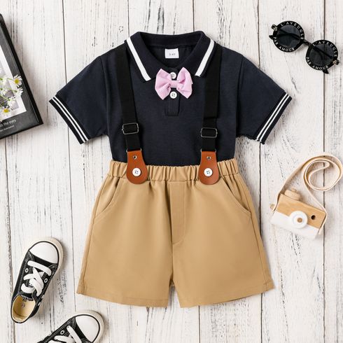 3pcs Toddler Boy Preppy style Polo Tee and Shorts & Suspender Set