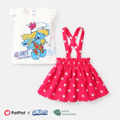 Smurfs 2pcs Toddler Girl Naia Flutter-sleeve Tee and Floral Print Suspender Skirt Set