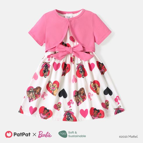 Barbie Toddler Girl 2pcs Mother's Day Heart Print Belted Sleeveless Dress and Cotton Cardigan Set