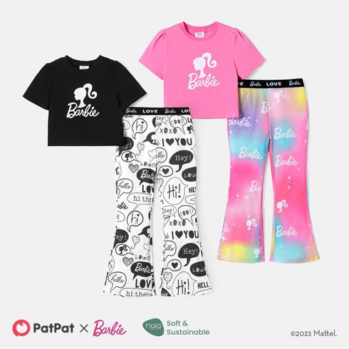 Barbie Kid Girl 2pcs Mother's Day Short-sleeve Cotton Tee and Letter Print Flared Pants Set