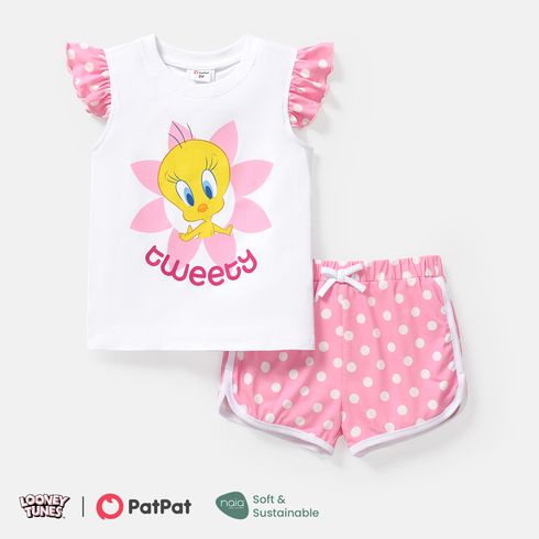 Looney Tunes 2pcs Toddler Girl Cotton Flutter-sleeve Tee and Naia Polka dots Shorts Set