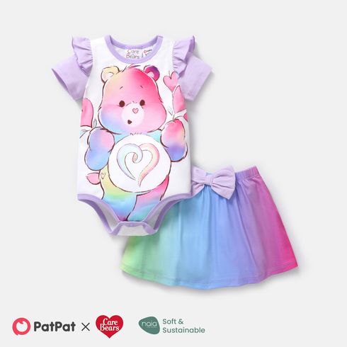 Care Bears 2pcs Baby Girl Bear Print Ruffle Short-sleeve Naia™ Romper and Rainbow Ombre Skirt Set