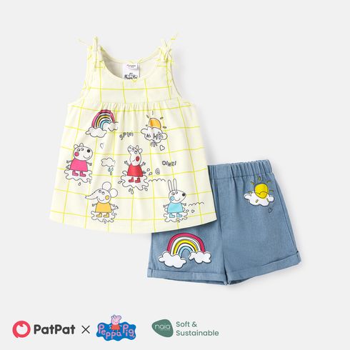 Peppa Pig 2pcs Toddler Girl Plaid Bowknot Design Tank Top and Rainbow Print Cotton Denim Shorts Set