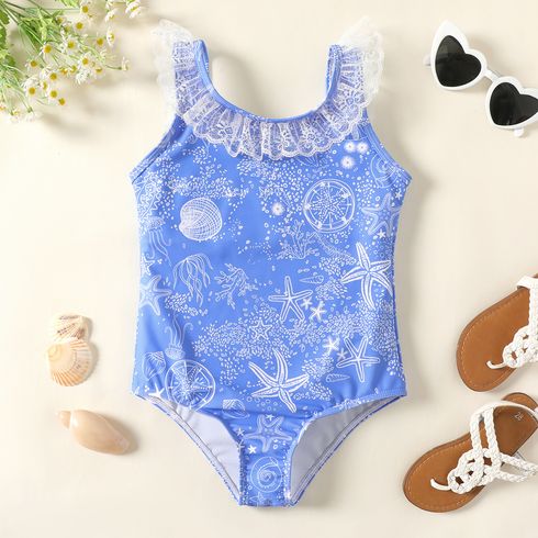 Kid Girl Blue Ocean Graphic Lace Detail One-piece Swimsuit