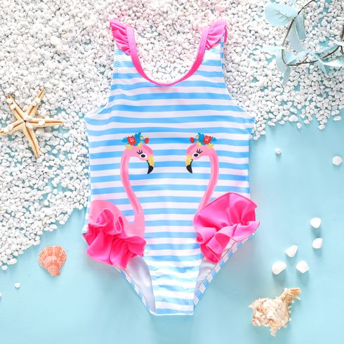 Toddler Girl Flamingo Print Stripe Ruffled Onepiece Swimsuit