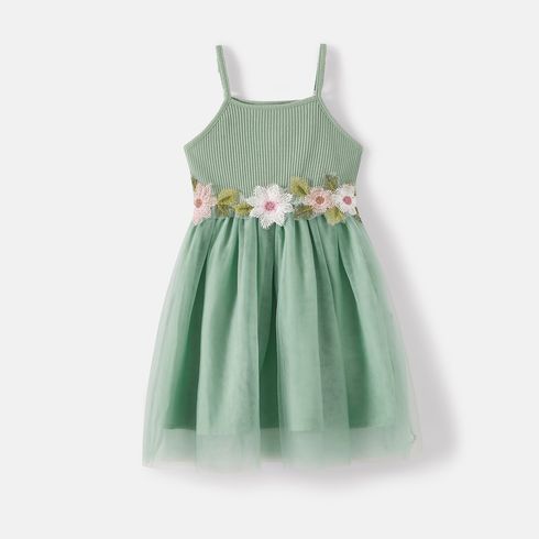 Mommy and Me Cotton Ribbed Floral Embroidered Cami Mesh Dresses Green big image 7