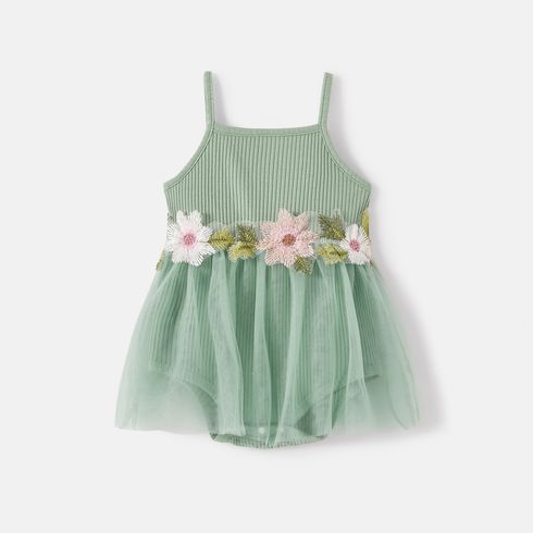 Mommy and Me Cotton Ribbed Floral Embroidered Cami Mesh Dresses Green big image 2
